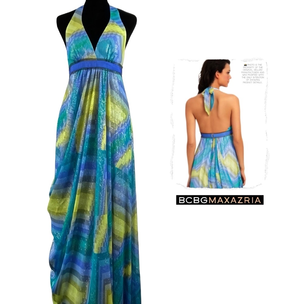 BCBGMaxAzria Back Tie Chambray Blue Metallic Chiffon Maxi Dress Multi EUC